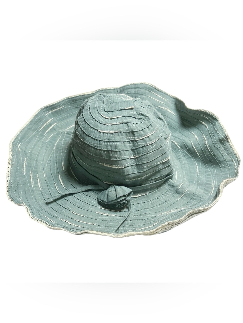 Sunday Afternoons dusty teal & cream wide brim paper sun hat with  rose detail